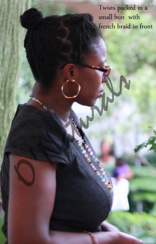 Twisted Updo - two strand twists French braided in the front with the rest of the hair pulled back into a bun.