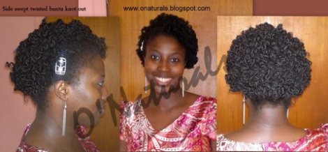 Side-swept twisted bantu knot-out