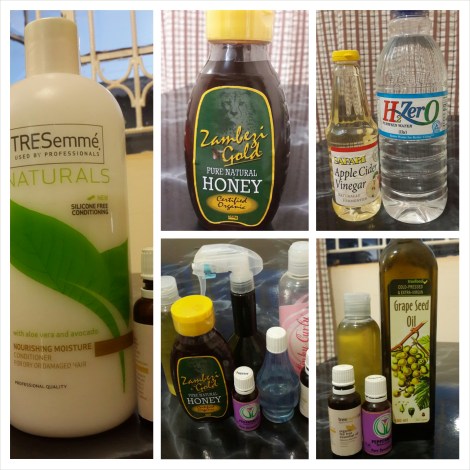 The complete ingredients list in the Original 28 Day Regimen - Tea Tree Oil Silicone-free conditioner, honey, ACV rinse, Moisturising Spritz, Jojoba/Grapeseed Hair Oil