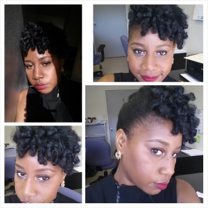 I made one cornrow in the back (coming from back to front), using sponge rollers on dry stretched hair for the front which I went to bed with unravelled in the morning.