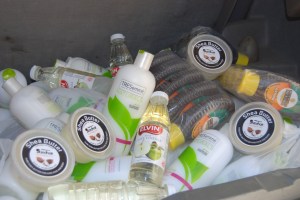 A trunk full of products for the girls, including ZedHair Shea Butter, Apple Cider Vinegar, Ubuchi Honey and TRESemme Naturals.